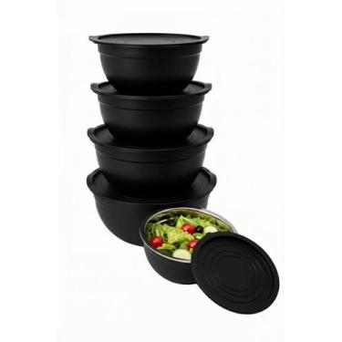 Imagem de Kit 5 Bowls de Aço Inox Preto com Tampas Pretas  Tigelas Empilháveis p