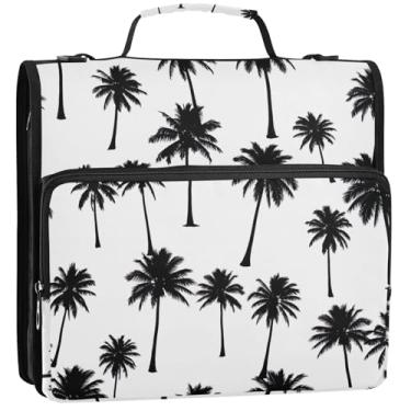 Imagem de Palmeiras pretas brancas com 3 argolas para fichários de 3,5 cm D com zíper bolsa organizadora para fichários escolares com alça de ombro, pasta grande para portfólio de armazenamento com alça, 34,5 x