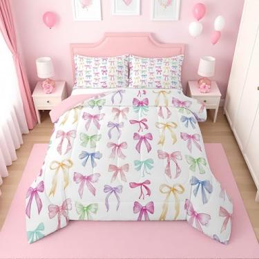 Imagem de Erosebridal Jogo de cama casal com laço fofo para meninas | Conjunto de edredom colorido com gravata borboleta arco-íris para crianças, adolescentes, edredom kawaii, decoração de quarto de princesa, 2