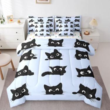 Imagem de Erosebridal Jogo de cama solteiro de gato fofo com 7 peças, para crianças, meninos e meninas (preto e azul) - Conjunto de cama de 7 peças com desenho animado de gatos fofos e gatos fofos