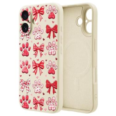 Imagem de OFQKOAKS Capa para iPhone 16 Pro Max compatível com MagSafe, capa de telefone feminina romântica com estampa de patas de animais dos namorados, capa protetora de silicone líquido branco macio para