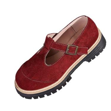 Imagem de Tênis feminino versátil legal e elegante plus size com fivela de cinto de cabeça redonda e novo estilo britânico sola grossa sapatos de couro pequenos, Vermelho, 35