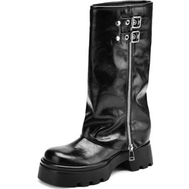 Imagem de TEAIEUI Botas femininas dobráveis, plissadas, largas, de panturrilha, plataforma grossa, adequadas para andar de moto rave, uso casual, Preto, 37