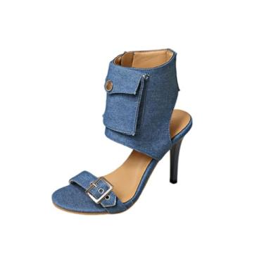 Imagem de Botas femininas boca de peixe com bolso jeans costas nuas para o verão casual, Azul royal, 35
