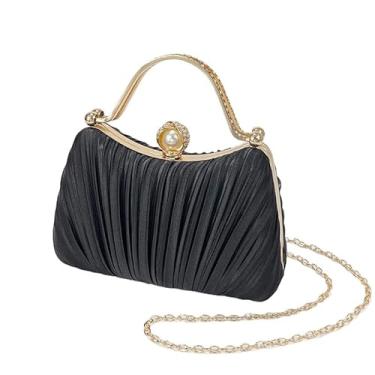 Imagem de Bolsa clutch feminina dourada com purpurina, plissada, para festa de casamento nupcial com anel de strass, Preto