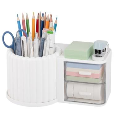 Imagem de Anyoifax Suporte giratório de 360°, organizador de 7 compartimentos, com gaveta, copo removível, materiais de arte de plástico e acessórios, caixa de armazenamento de mesa para escritório, escola