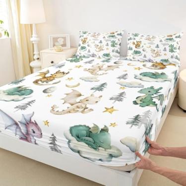 Imagem de Jogo de lençol Queen com dragão fofo (sem plano), céu estrelado e lua, 3 peças, decoração de quarto de meninas, meninos e mulheres, lençol com elástico alto, 2 fronhas
