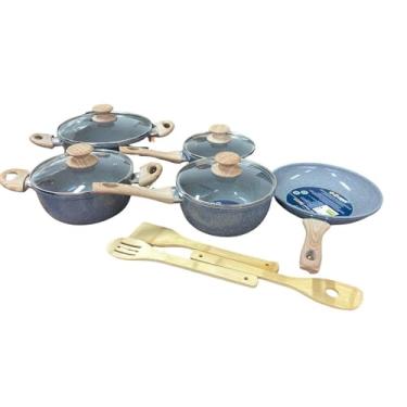 Imagem de Jogo de Panelas Antiaderente, 8 Peças, Revestimento Cerâmico, Cabo Imitação Madeira, Compatível com Indução, Cinza/Azul Chumbo
