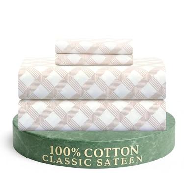 Imagem de Feather & Stitch Conjunto de lençóis 300 fios King Size 100% algodão cetim estampado, conjunto de lençóis de cama refrescantes e respiráveis, 4 peças de 40,6 cm bolsos profundos elásticos, qualidade