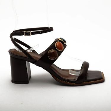 Imagem de Sandália Sapato da Corte Salto Bloco Pedras Bico Quadrado Vira Pespont