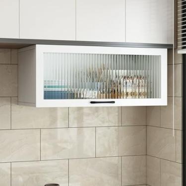 Imagem de Armário de exibição de vidro de madeira maciça montado na parede - Pequeno armazenamento de cozinha com porta dobrável, prateleira inferior, perfeito para especiarias e organização doméstica, design