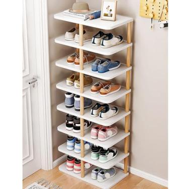 Imagem de Sapateiras estreitas de madeira para armário de entrada - Organizador independente de sapatos com 6/7/8 níveis - Organizadores e armazenamento de sapatos para foyers, corredores e quartos - branco