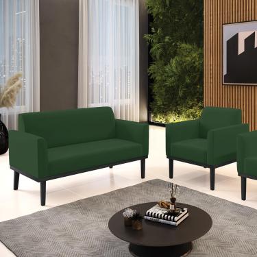 Imagem de Conjunto Poltrona e Namoradeira Decorativa Isabella Pés Fixo em Madeira Preto Veludo Verde Esmeralda G19 - Gran Belo