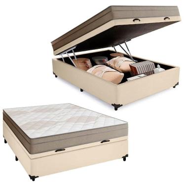 Imagem de Cama Box Baú Casal Sintético + Colchão De Molas Ensacadas Portobel Ipanema - 138x188x66cm Bege