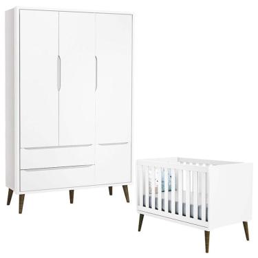 Imagem de Berço Americano e Guarda Roupa 3 Portas Infantil Theo Branco Acetinado com Pés Amadeirado – Reller
