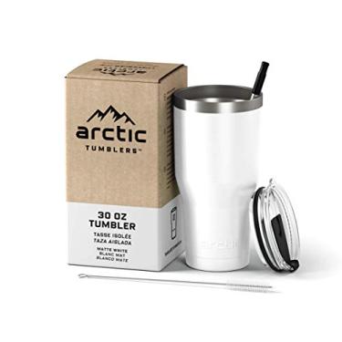 Imagem de Arctic Tumblers | Copo térmico branco fosco de 850 g com canudo e limpador – mantém a temperatura até 24 horas – Tampa à prova de respingos sem derramamento, tecnologia de vácuo de parede dupla, livre de BPA e construído para durar