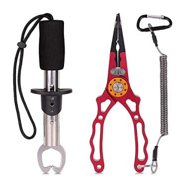 Imagem de Alicate de pesca Peixe Lip Gripper Conjunto de ferramentas de pesca com mosca Equipamento de pesca no gelo para anel dividido, removedor de ganchos, ferramenta de crimpagem e cortador de linha para homens, vermelho, 3 peças