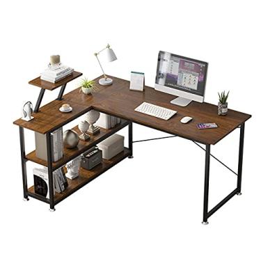 Imagem de Mesa de computador Canto PC Desk de mesa em forma de L 47"Escritório simples de escritório escrevi uma mesa de estação de trabalho com prateleiras de armazenamento, marrom rústico e preto Mesa de tra