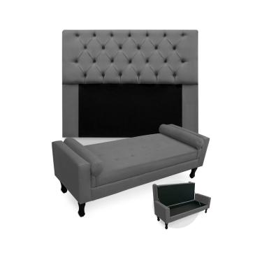 Imagem de Kit Cabeceira Estofada Mirage E Recamier Baú Fenix Casal 140 cm Suede Cinza - LM DECOR