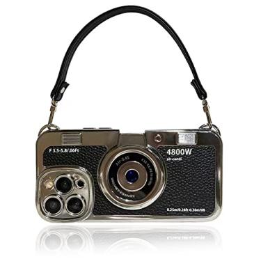 Imagem de QoKcoahn Capa de telefone com câmera vintage 3D com alça de mão - Capa protetora transversal à prova de choque de policarbonato de silicone legal exclusiva para iPhone 14 Pro Max - preta