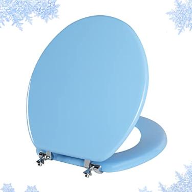 Imagem de Assento de vaso sanitário redondo azul assento de vaso sanitário de madeira natural com dobradiças de liga de zinco, fácil de instalar, também fácil de limpar, assento de vaso sanitário resistente a