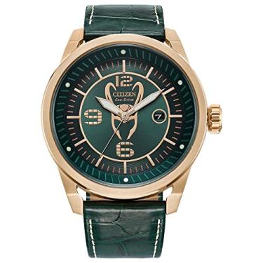 Imagem de Citizen Relógio masculino Eco-Drive Marvel Villians Loki ouro rosa com caixa de aço inoxidável com pulseira de couro texturizado de crocodilo verde profundo, 45 mm (modelo: AW1363-06W), Ouro rosa,