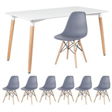Imagem de Mesa De Jantar Retangular Eames 80 X 140 Cm Branco + 6 Cadeiras Eiffel Dsw Cinza Escuro