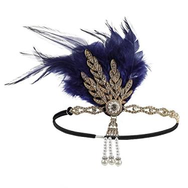 Imagem de StarDY Women's Vintage Flapper Headband Daisy Buchanan Costume Great Gatsby Leaf Tiara Headpiece 1920's Fancy Hair Accessory (6068#Gold+Blue)