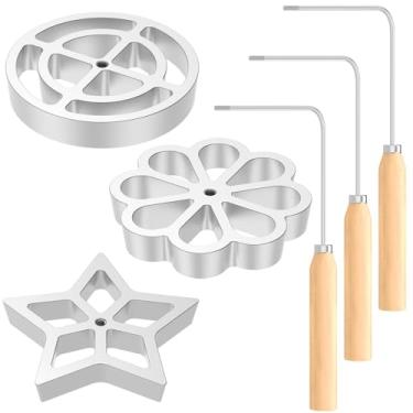 Imagem de Conjunto de 3 moldes Bunuelos com 3 alças de madeira, molde de liga de alumínio Buñuelos De Viento, molde antiaderente para fazer biscoitos Bunuelos, conjunto de moldes de roseta e timbale, moldes de