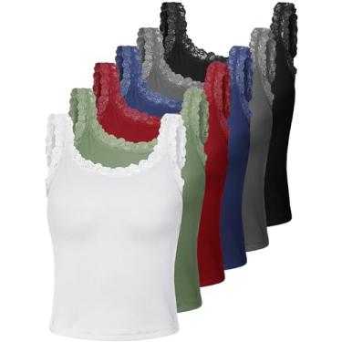 Imagem de Camiseta regata feminina de renda com acabamento em renda, alças caneladas, 6 peças, Preto, cinza escuro, azul marinho, vinho, verde militar, branco, P