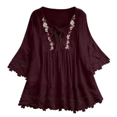 Imagem de Lainuyoah Camisetas femininas de verão para férias 2024 Boho manga 3/4 renda Y2K túnica vintage gola V bordado floral blusa, B - vermelho, XXG
