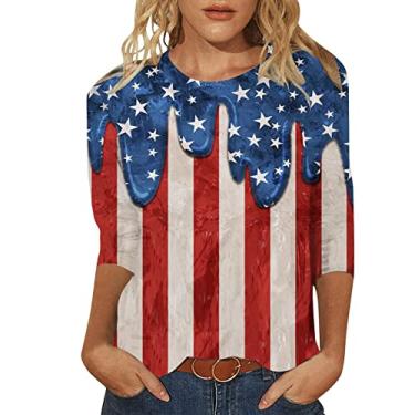 Imagem de Camiseta feminina 4th of July Dia da Independência Bandeira Americana Top Patriótico Star Stripes Gráfico Manga Curta Túnica Gola Redonda, Azul, G