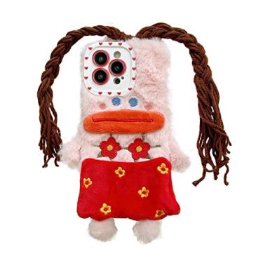 Imagem de Tewwsdi Capa de celular fofa de desenho animado compatível com iPhone 13 Pro Max, linda capa de pelúcia peluda com tranças engraçadas para meninas, adolescentes e mulheres (meninas com boca de