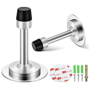 Imagem de Batentes de porta, batente de porta para a parte inferior da porta, batentes de porta de 8,5 cm, sem furadeira com ponta de amortecedor de borracha com amortecimento de som, batente de porta adesivo de aço inoxidável, batentes de porta montados na parede, níquel escovado, pacote com 2