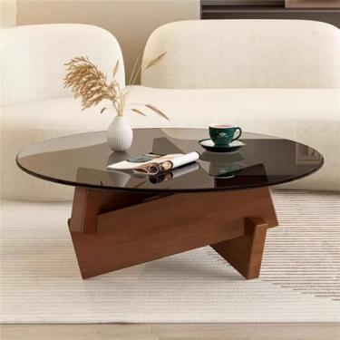 Imagem de Mesa de centro moderna de meados do século, mesa de centro redonda com perna de madeira maciça e tampo de vidro, mesas de centro contemporâneas para sala de estar (nogueira, 80 x 80 x 40 cm)