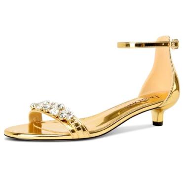 Imagem de DearOnly Sandália feminina de salto baixo com bico aberto e tira no tornozelo, fivela de cristal, strass, vestido de verão para escritório, salto de 3,5 cm, Patente dourada, 37 BR