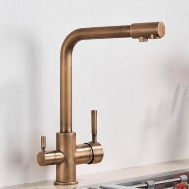 Imagem de Torneira de cozinha com filtro de níquel escovado, torneira de cozinha para água potável, montada no deck, alças duplas, misturador de água quente e fria de 3 vias, latão antigo
