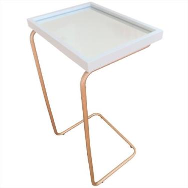 Imagem de Mesa lateral braço sofá bandeja branca espelho base bronze - Stilo Dec