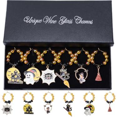 Imagem de SUNNYCLUE 1 caixa com 6 peças de pingentes de vinho para festas de fim de ano, pingentes de bebida de vinho, Halloween, fantasma, aranha, gato, vassoura, bebedor, identificador, anel, etiqueta,