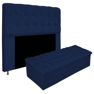 Imagem de Kit Cabeceira Estofada Mel Cama Box Casal 140 cm mais Calçadeira Baú Mel com Capitonê Suede Azul Marinho para Quarto - AM Decor