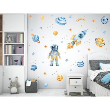 Imagem de adesivo de parede astronauta aquarela foguete grande planetas - adesiv
