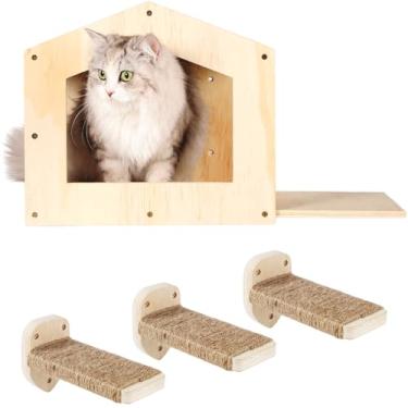 Imagem de COOLEX Prateleiras de parede para gatos, móveis de parede para casa de gato, prateleira de condomínio para gatos com poste de arranhar em 3 degraus, rede de cama de gato, suporte de parede para