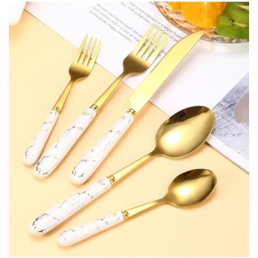 Imagem de Conjunto de 30 peças de garfos e colheres com alça de cerâmica, conjunto de talheres brancos para 6 talheres de aço inoxidável, conjunto de utensílios de talheres coloridos, colheres, garfos, facas