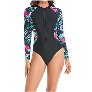 Imagem de Roupa de banho feminina, manga comprida, gola redonda, esportiva, academia, surfe, mergulho, praia, elegante, triângulo havaiano, traje de banho feminino, E-689 Verde limão, G