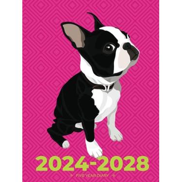 Imagem de 5 Year Diary 2024-2028 | A4 Adorable Boston Terrier on Pink (hardcover): Month to View Planner with UK Holidays, Moon Phases, Birthdays & Celebrations, Contacts, Passwords (Five Years)