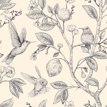 Imagem de Livelynine Papel de parede floral bege preto 44,5 x 701 cm Descasque e cole pássaros e limões vintage papel de parede de casa de fazenda para paredes de cozinha bege bege mural de flores retrô papel