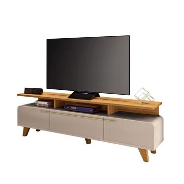 Imagem de Rack Bancada Sala Estar TV Até 70 Polegadas 3 Portas Basculantes Pés de Madeira Maciça Essenza 2.0