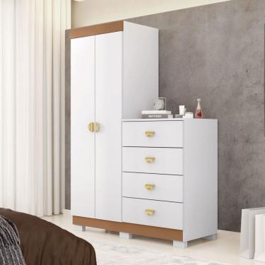 Imagem de Cômoda Roupeiro Taywan 2 Portas 4 Gavetas Branco/Camarim - Pnr Móveis