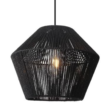 Imagem de Woholitable Luminária Pendente De Vime 12" Luminária Pendente Boho Preta Com Abajur De Cesta Trançada À Mão, Luminária Suspensa Costeira De Fazenda Para Ilha De Cozinha, Sala De Jantar, Sala De Esta
