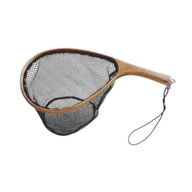 Imagem de Aymzbd Rede de aterrissagem de pesca com mosca, equipamento de pesca com rede de rede de pesca, alça de madeira curva e libere malha para água doce, 39cmx19cmx20cm